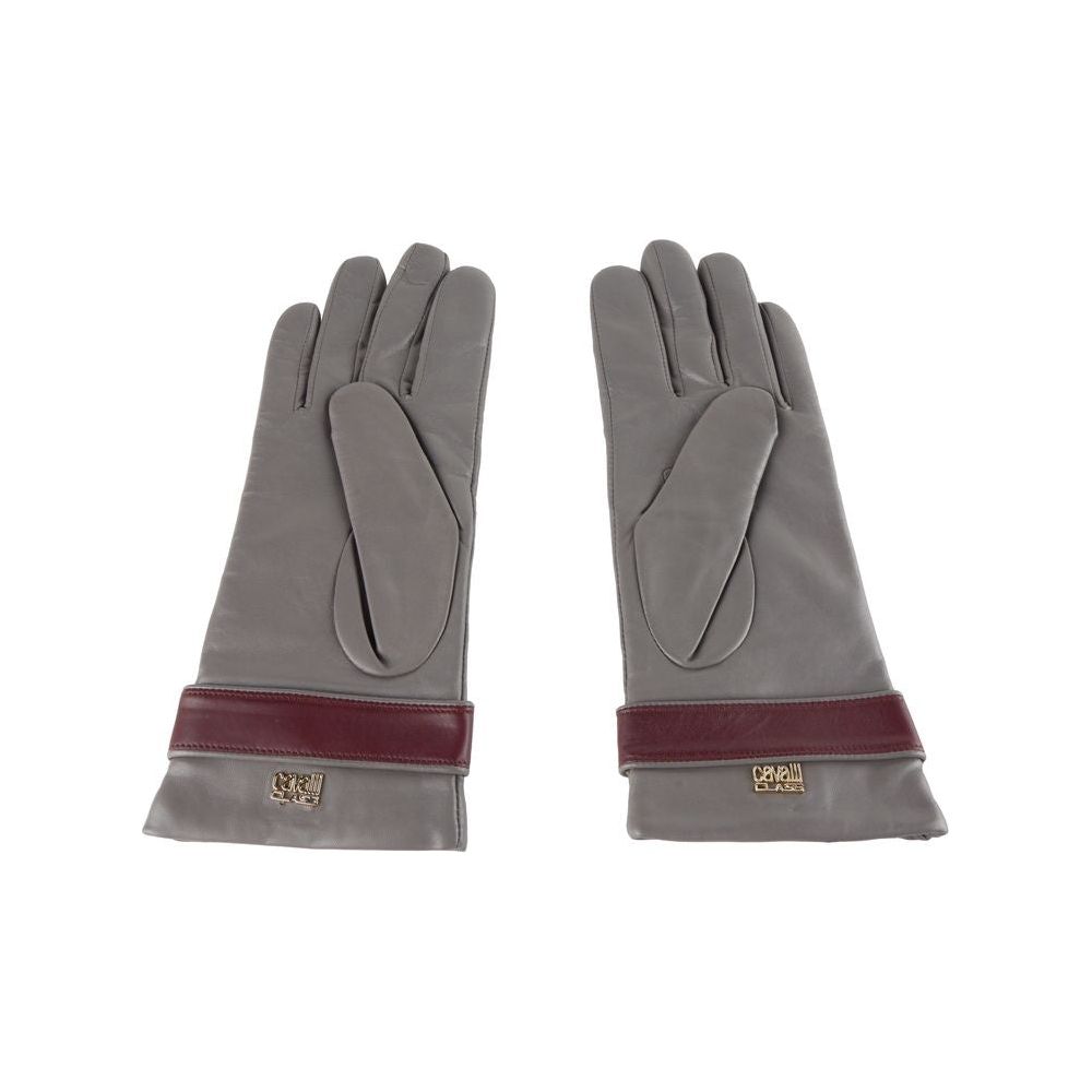 Cavalli Class Elegant Lambskin Leather Gloves grey-lamb-leather-gloves