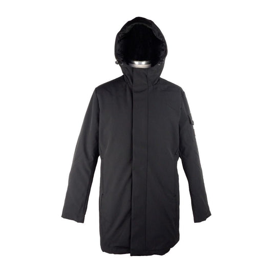Refrigiwear Sleek Hooded Long Jacket with Zip and Button Closure black-polyester-jacket-8