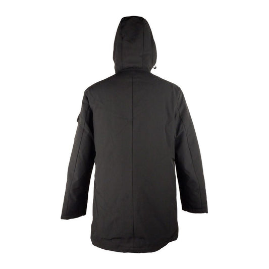 Refrigiwear Sleek Hooded Long Jacket with Zip and Button Closure black-polyester-jacket-8