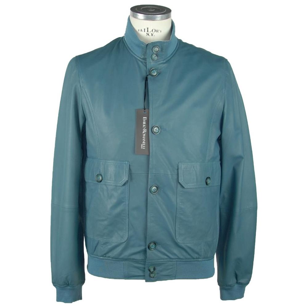 Emilio Romanelli Elegant Petrol Blue Leather Jacket blue-leather-jacket