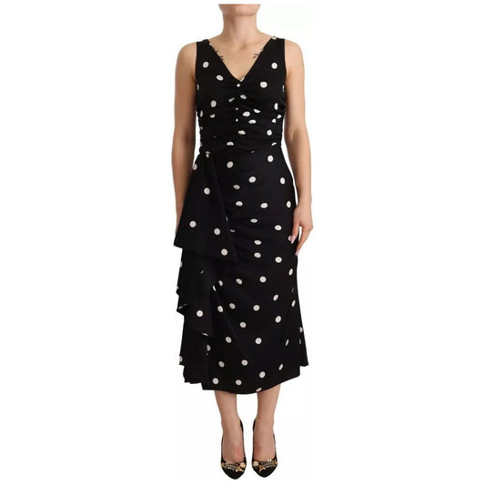 Dolce & Gabbana Black Silk Polka Dots V-neck Sheath Midi Dress black-silk-polka-dots-v-neck-sheath-midi-dress