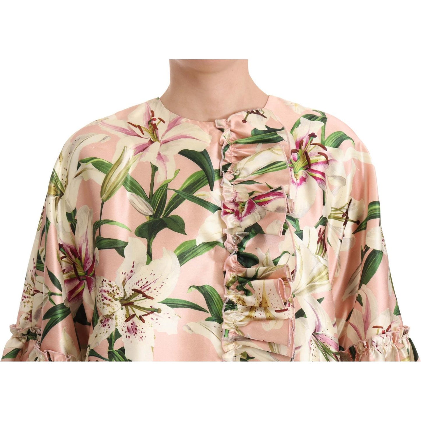 Dolce & Gabbana Elegant Floral Ruffled Silk Long Coat elegant-floral-ruffled-silk-long-coat