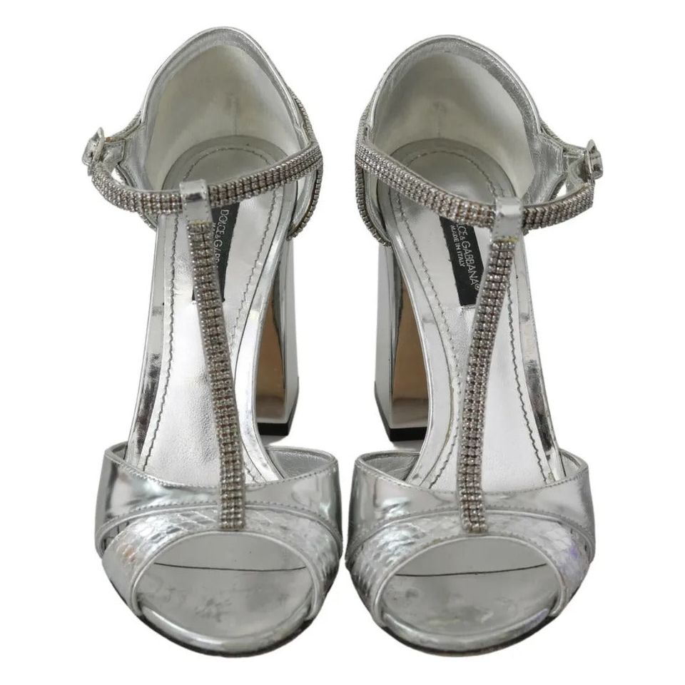 Silver Crystals T-strap Sandals Leather Shoes