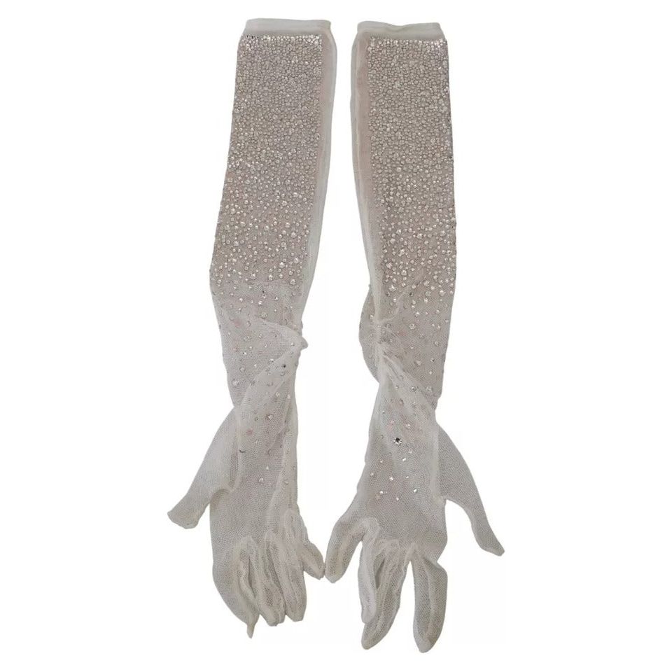White Crystal Elbow Length Cotton Tulle Gloves