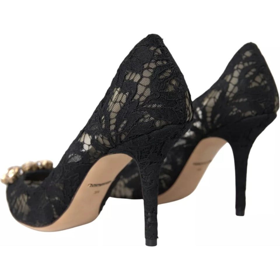 Black Taormina Lace Crystal Heel Pumps Shoes