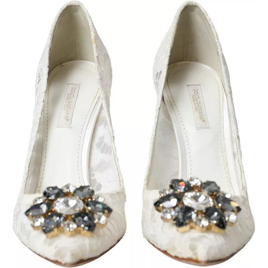 White Taormina Lace Crystal Heel Pumps Shoes