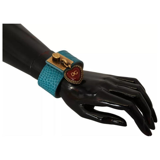 Dolce & Gabbana Blue Leather Gold DG Heart Pendant Wide Bracelet blue-leather-gold-dg-heart-pendant-wide-bracelet
