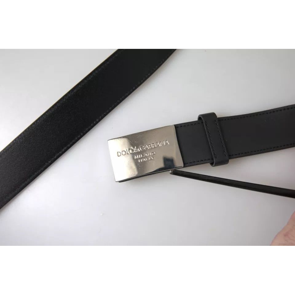 Dolce & Gabbana Black Leather Silver Rectangle Buckle Belt black-leather-silver-rectangle-buckle-belt