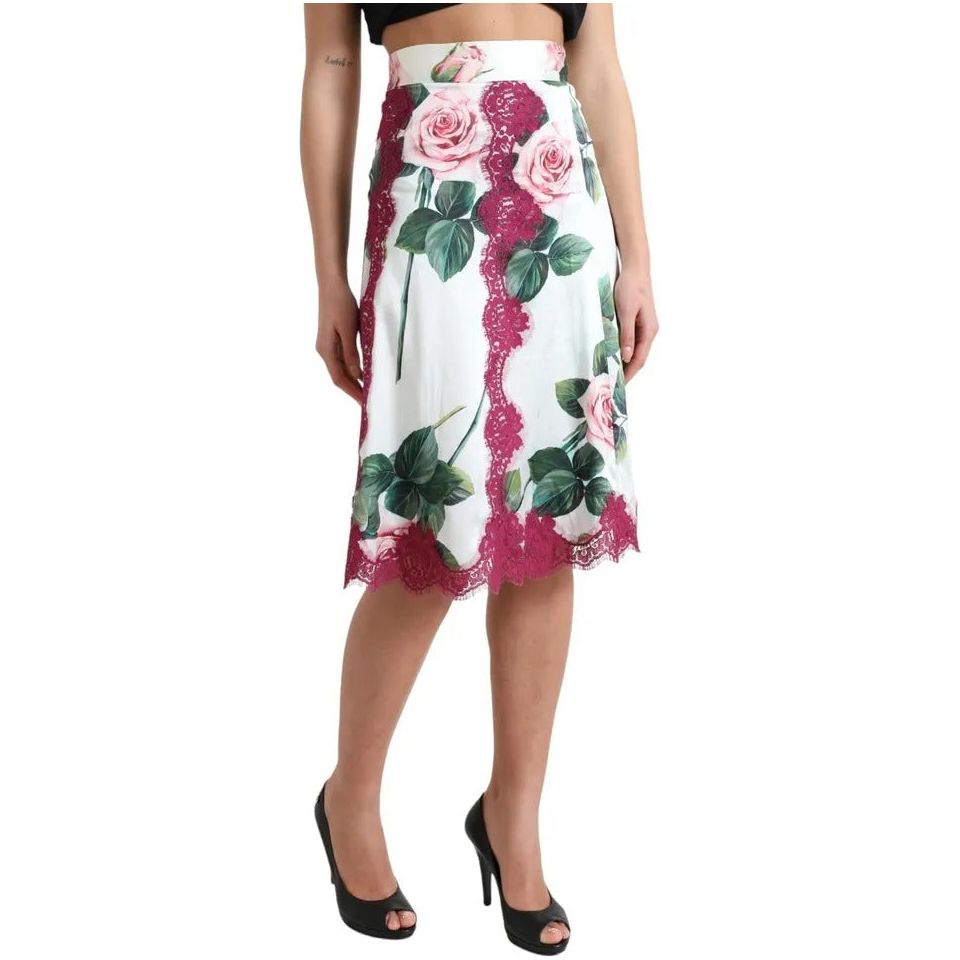 White Rose Print High Waist Midi A-line Skirt