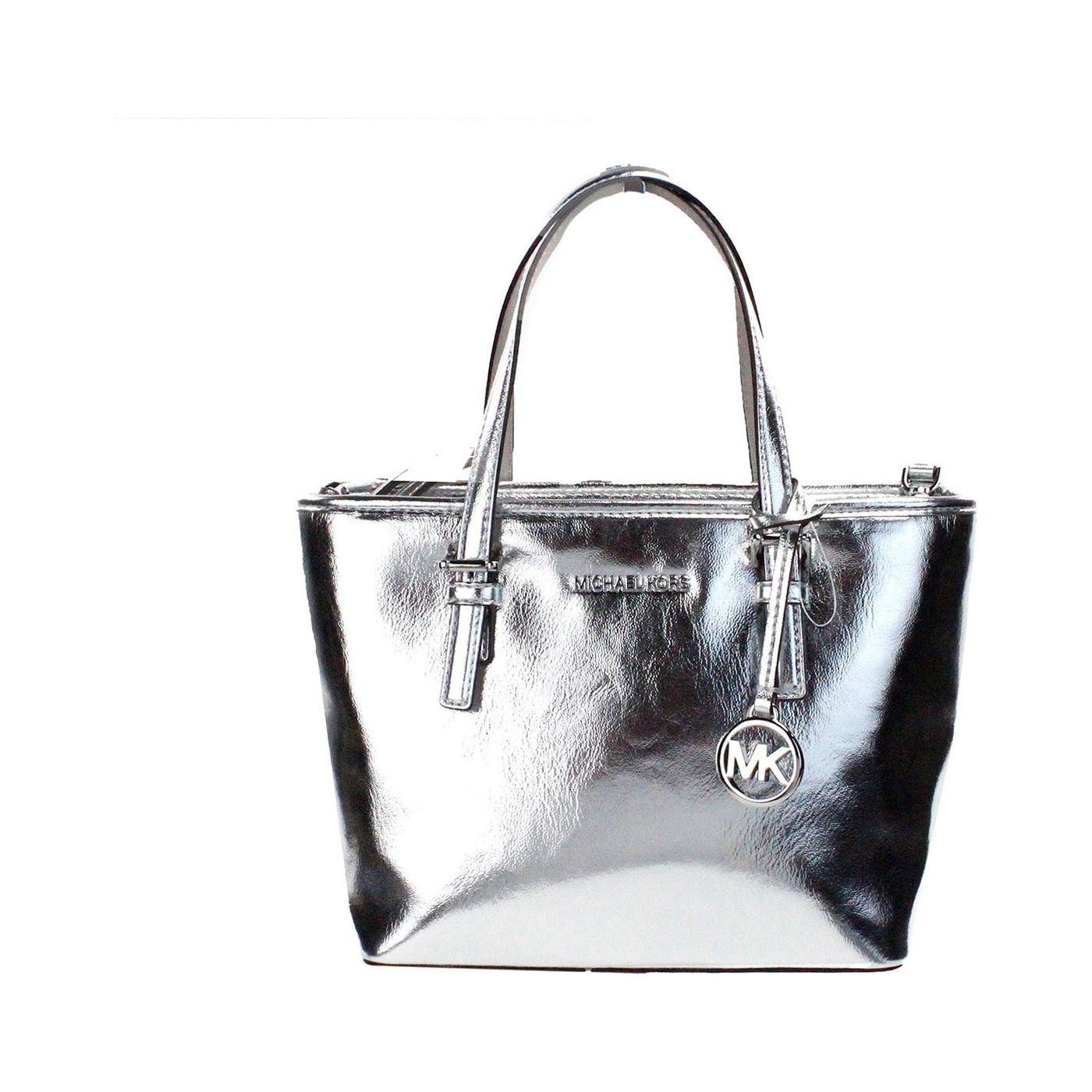 Michael Kors | Jet Set Silver Metallic XS Carryall Top Zip Tote Bag Purse| McRichard Designer Brands   