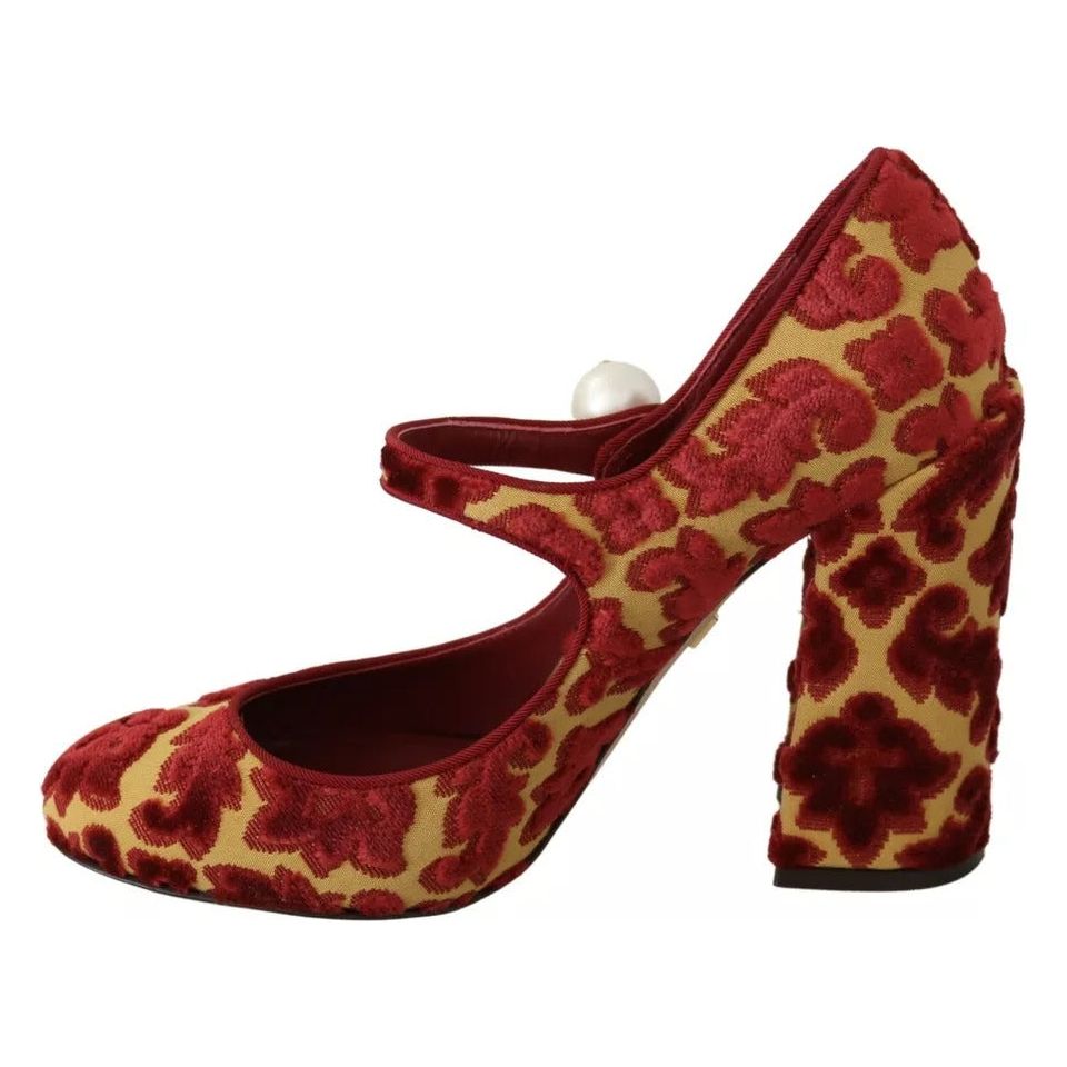 Red Floral Brocade Heels Mary Janes Pumps Shoes