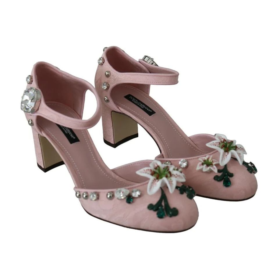 Pink Brocade Crystal Lily Ankle Strap Shoes