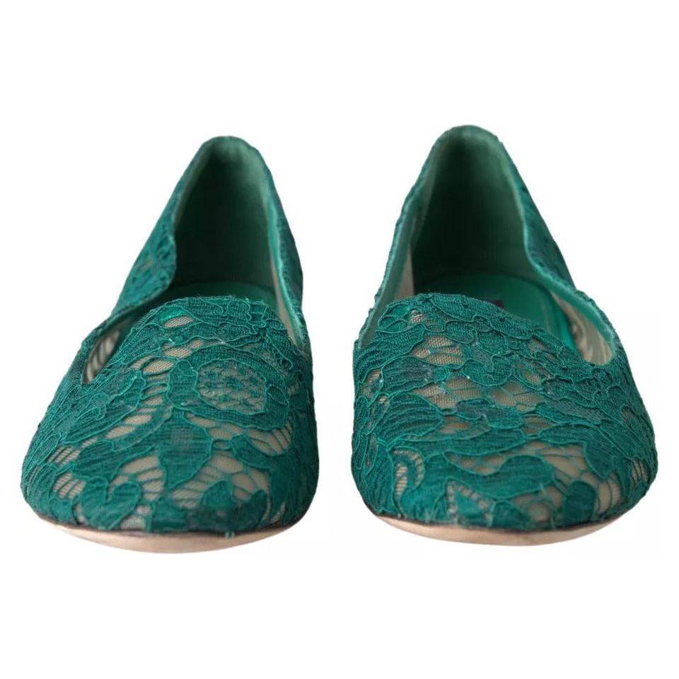 Green Floral Lace Loafers Flats Shoes