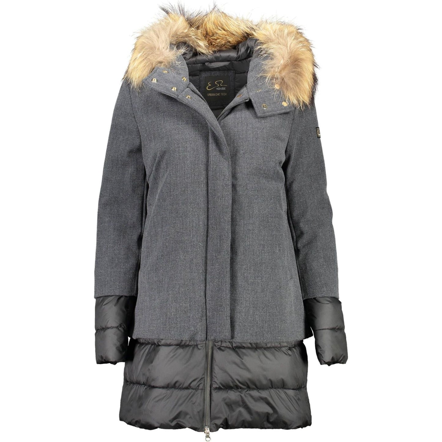Yes Zee Elegant Long-Sleeve Down Jacket with Removable Fur Hood elegant-long-sleeve-down-jacket-with-removable-fur-hood