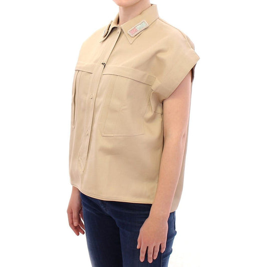 Andrea Incontri Sleeveless Beige Cotton Tank Top with Brooches beige-sleeveless-blouse-top-1