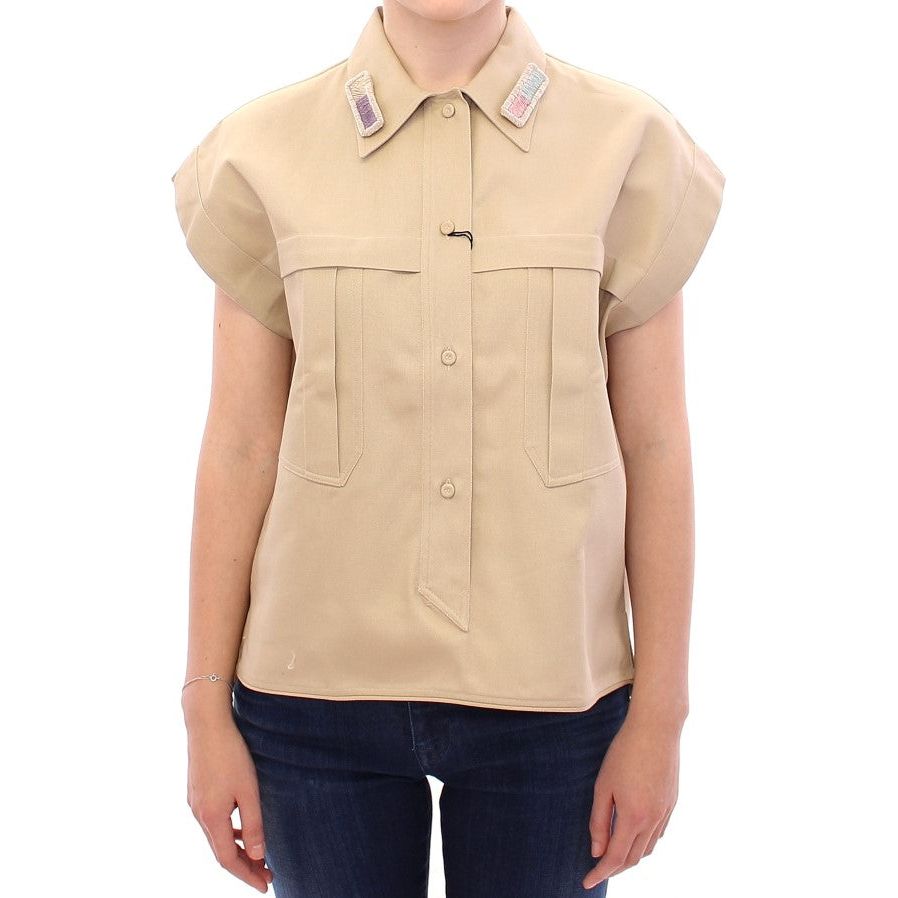 Andrea Incontri Sleeveless Beige Cotton Tank Top with Brooches beige-sleeveless-blouse-top-1 149442-beige-sleeveless-blouse-top-2.jpg