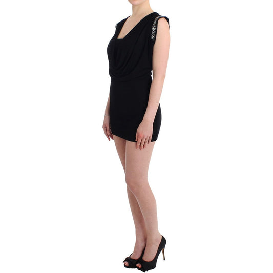 Roccobarocco Elegant Draped Neckline Sleeveless Dress Dresses black-embellished-jersey-mini-sheath-short-dress-1