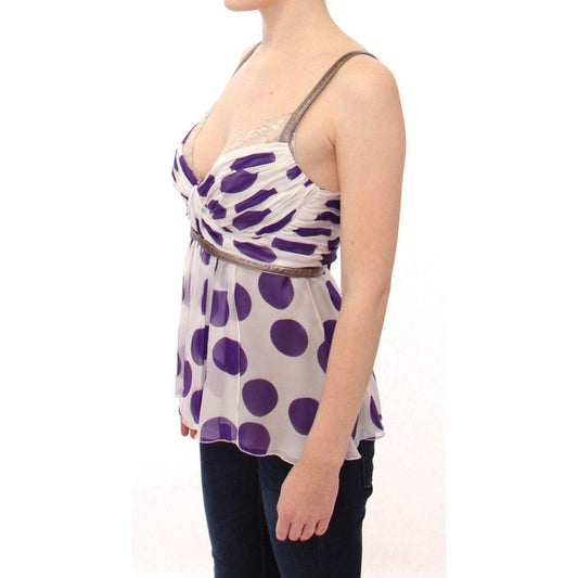 Dolce & Gabbana Elegant Polka Dotted Silk Blouse with Leather Detailing white-purple-silk-lace-blouse