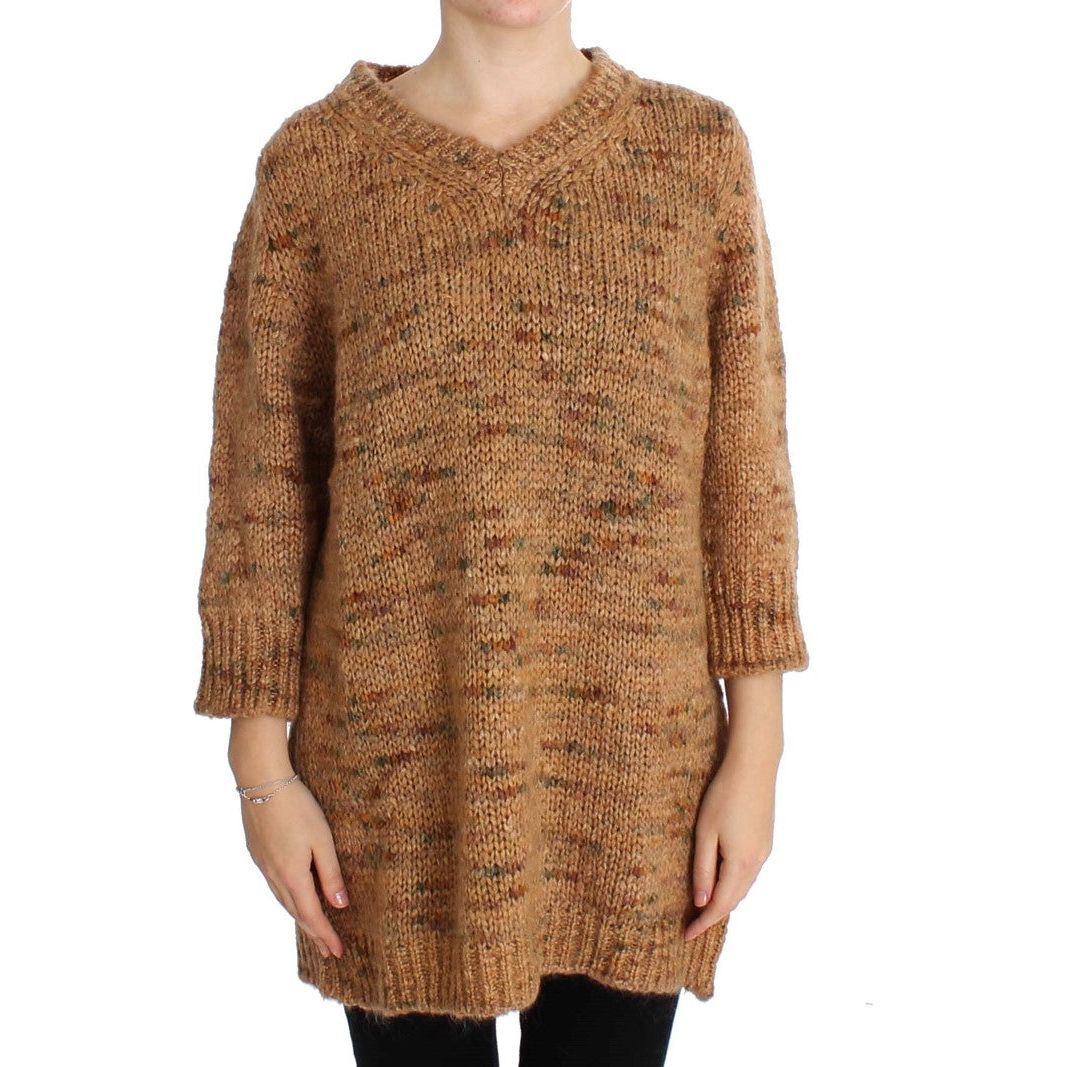 PINK MEMORIES Chic Brown Oversize Knitted V-Neck Sweater brown-wool-blend-knitted-oversize-sweater