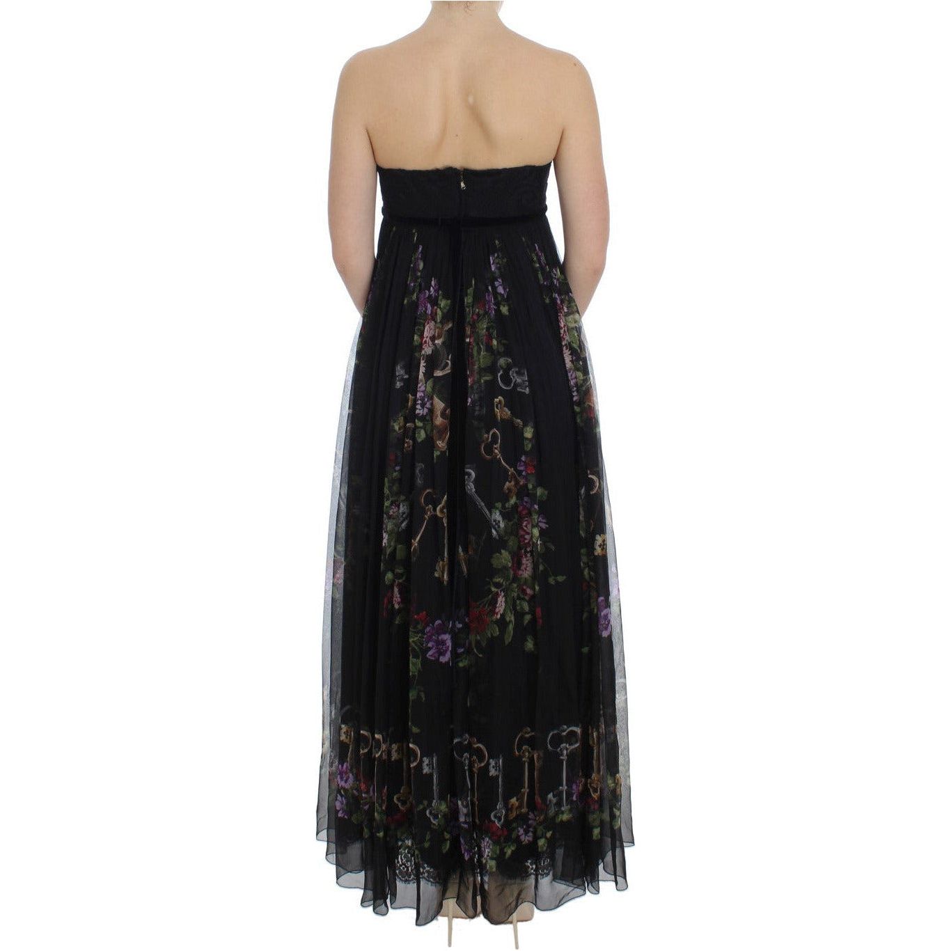 Dolce & Gabbana Multicolor Rose & Key Print Maxi Dress with Crystal WOMAN DRESSES black-key-print-silk-crystal-brooch-dress 180939-black-key-print-silk-crystal-brooch-dress-2.jpg