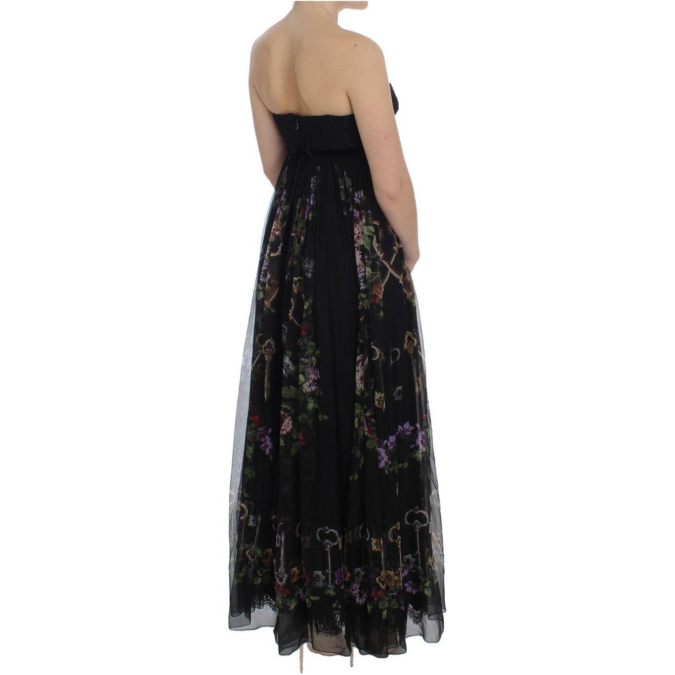 Dolce & Gabbana Multicolor Rose & Key Print Maxi Dress with Crystal WOMAN DRESSES black-key-print-silk-crystal-brooch-dress 180939-black-key-print-silk-crystal-brooch-dress-3.jpg