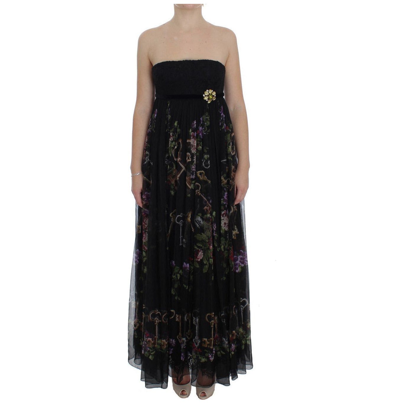 Dolce & Gabbana Multicolor Rose & Key Print Maxi Dress with Crystal WOMAN DRESSES black-key-print-silk-crystal-brooch-dress 180939-black-key-print-silk-crystal-brooch-dress.jpg