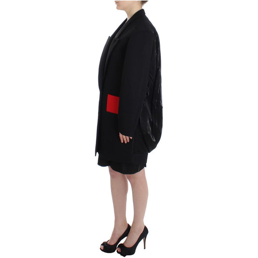 KAALE SUKTAE Elegant Draped Long Coat in Black with Red Accents Blazer Jacket black-coat-trench-long-draped-jacket-blazer