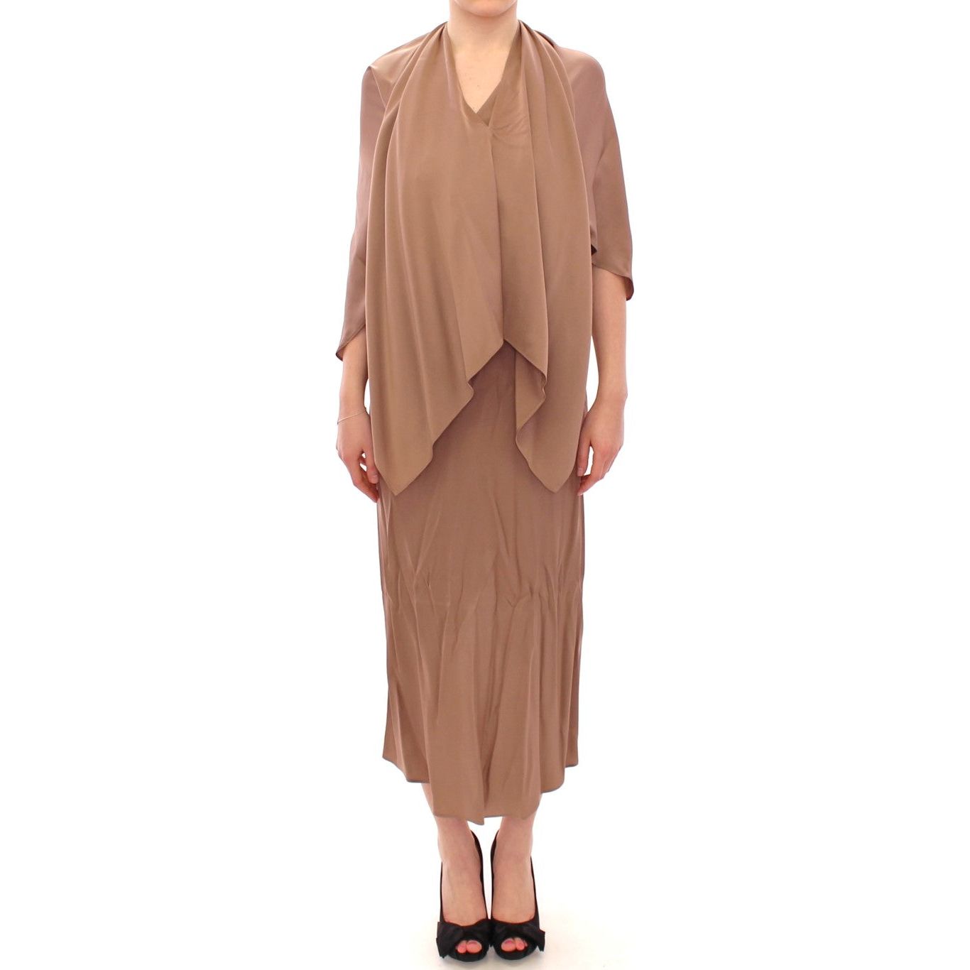 Lamberto Petri Elegant Brown Silk Shift Dress brown-draped-silk-sheath-shift-coctail-dress
