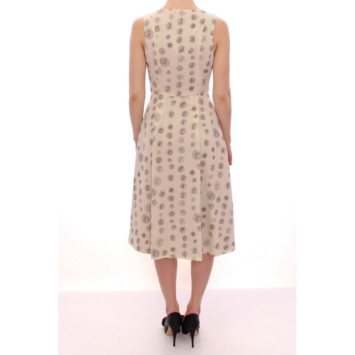 Andrea Incontri Elegant White Wool Shift Dress with Gray Print white-printed-shift-v-neck-sheath-dress