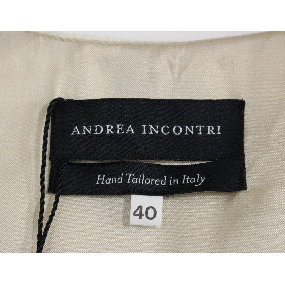 Andrea Incontri Elegant White Wool Shift Dress with Gray Print white-printed-shift-v-neck-sheath-dress