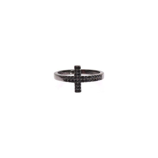 Nialaya Black CZ Cross Rhodium 925 Ring