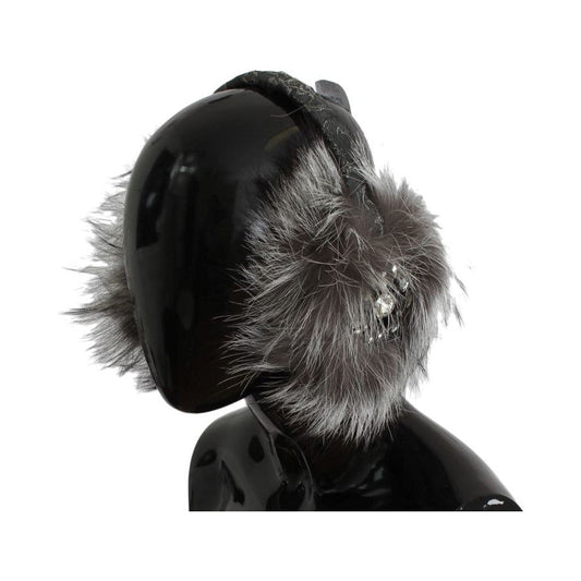 Dolce & Gabbana Elegant Fur and Crystal Ear Muffs Ear Muffs gray-fox-fur-crystal-ear-muffs