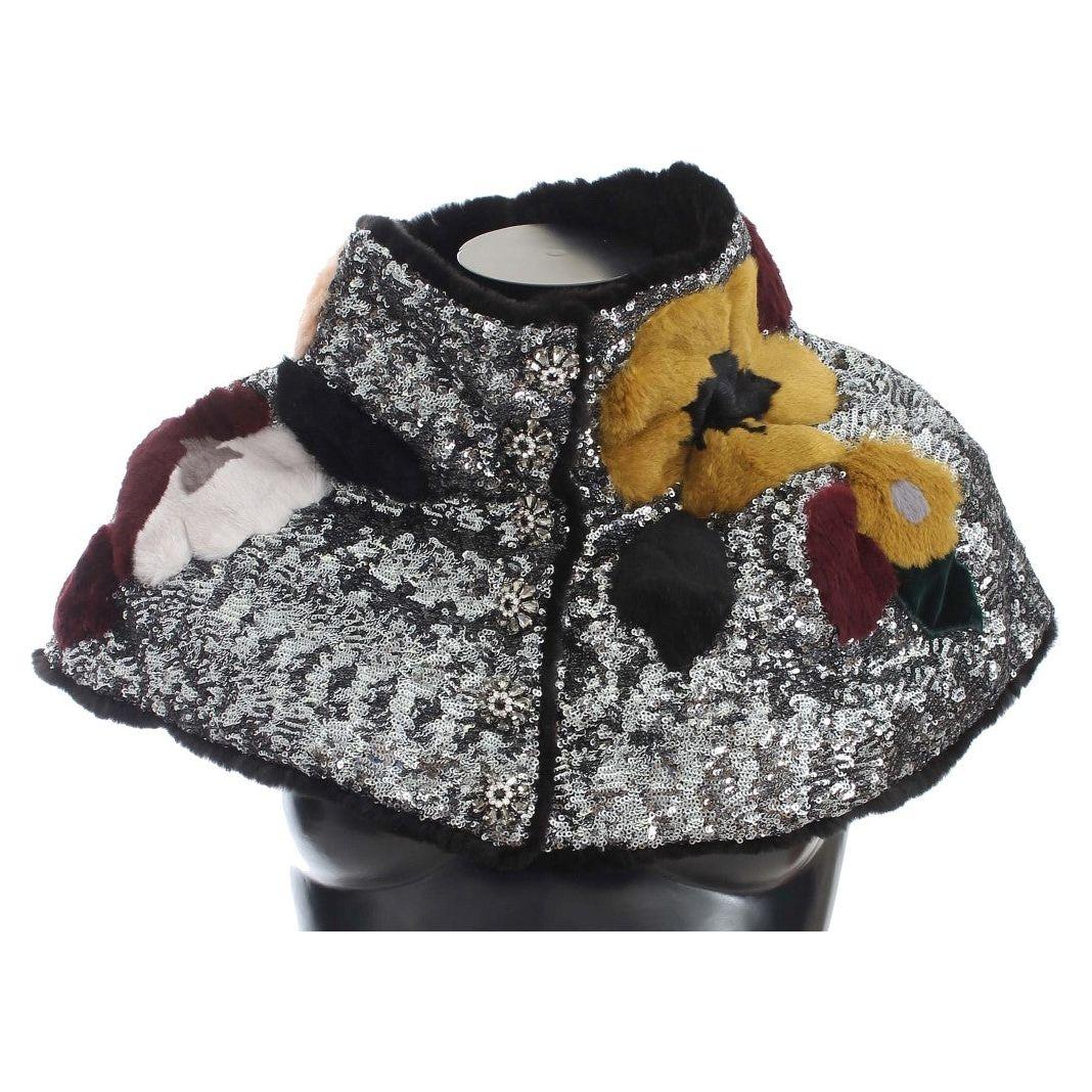 Dolce & Gabbana Elegant Floral Sequined Fur Scarf silver-sequined-floral-weasel-fur-shoulder-scarf-wrap