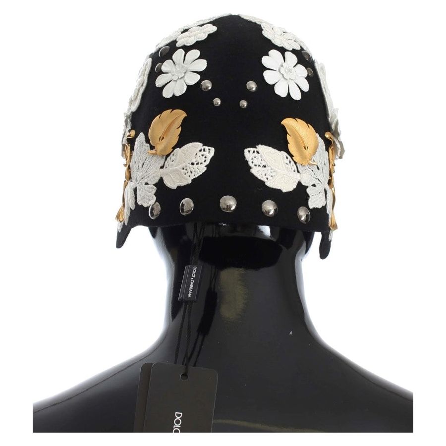 Dolce & Gabbana Elegant Black Floral Wool Cloche Hat Hat black-wool-white-floral-gold-leaf-hat