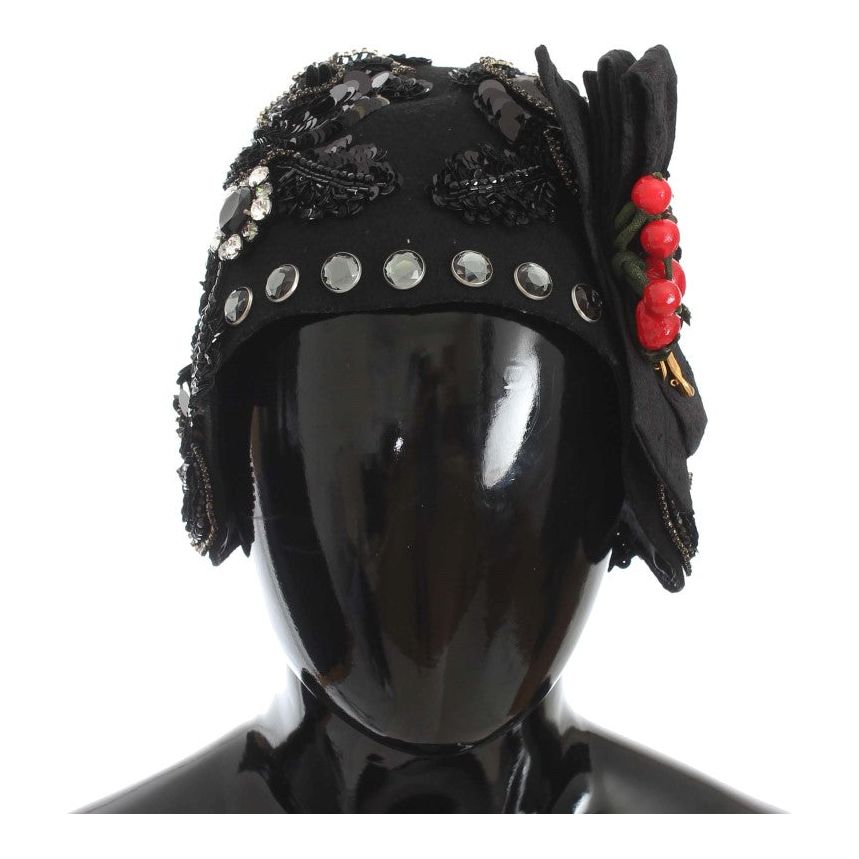 Dolce & Gabbana Elegant Black Crystal-Adorned Cloche Hat black-crystal-gold-cherries-brooch-hat Cap