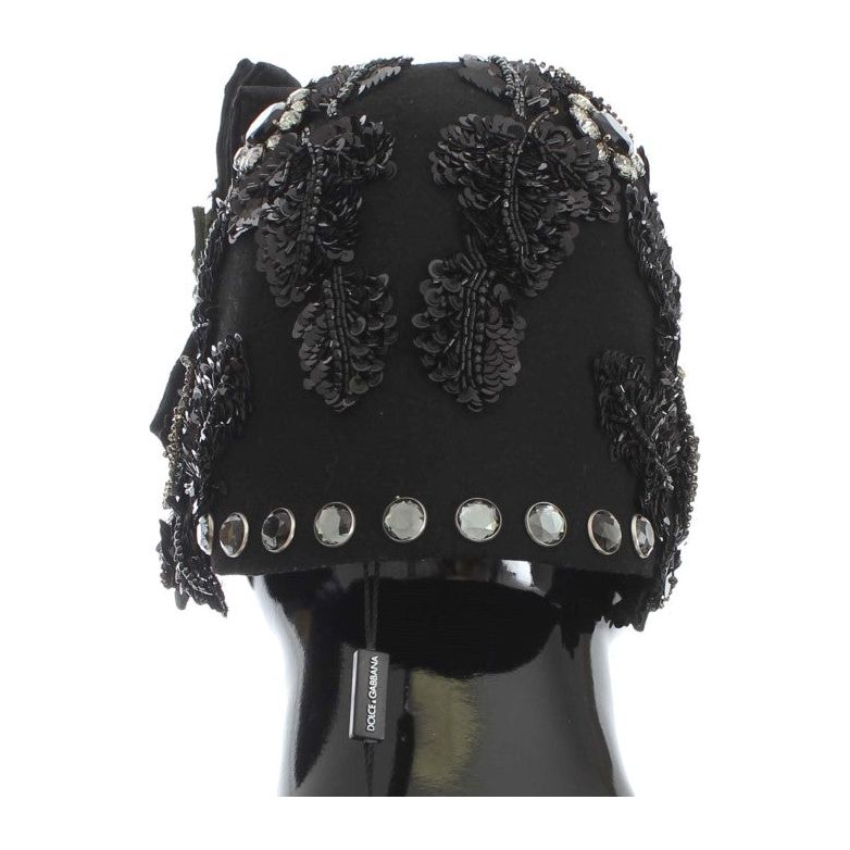 Dolce & Gabbana Elegant Black Crystal-Adorned Cloche Hat black-crystal-gold-cherries-brooch-hat Cap 306612-black-crystal-gold-cherries-brooch-hat-2.jpg