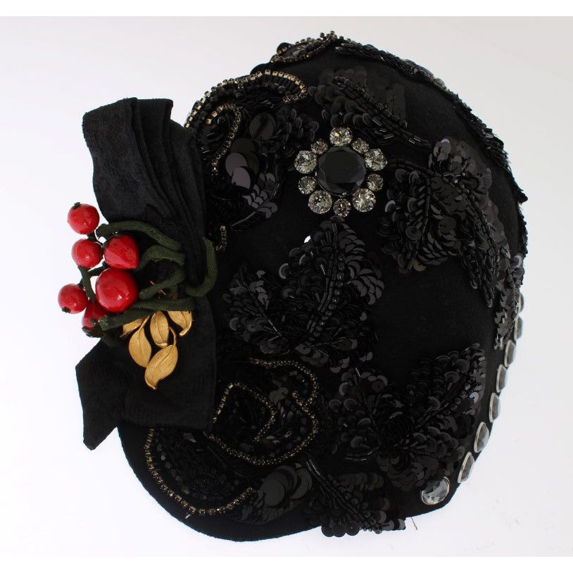Dolce & Gabbana Elegant Black Crystal-Adorned Cloche Hat black-crystal-gold-cherries-brooch-hat Cap