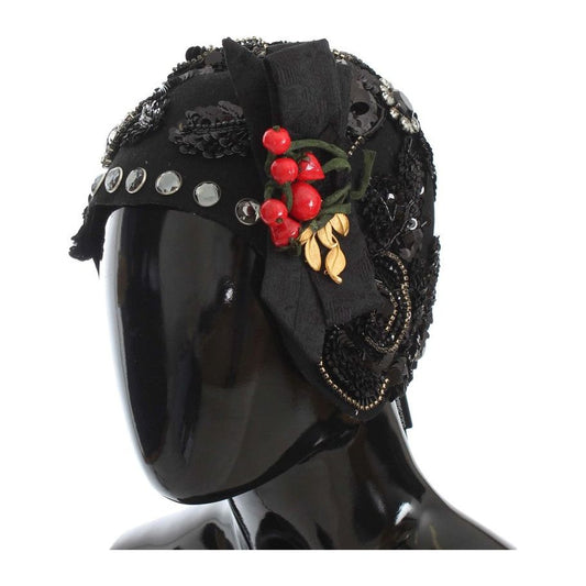 Dolce & Gabbana Elegant Black Crystal-Adorned Cloche Hat Cap black-crystal-gold-cherries-brooch-hat