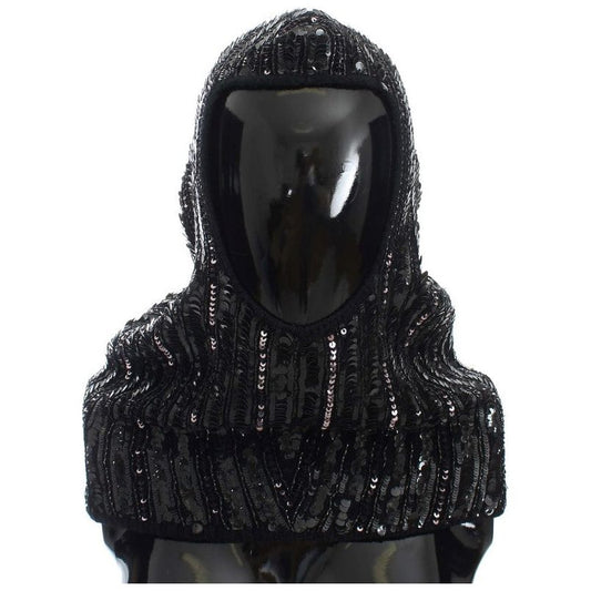 Dolce & Gabbana Elegant Black Sequined Hooded Scarf Wrap Hood Scarf black-knitted-sequin-hood-scarf-hat 306776-black-knitted-sequin-hood-scarf-hat-1.jpg