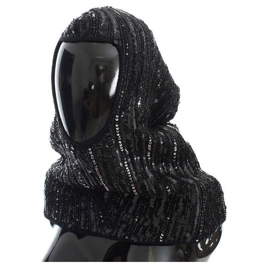 Dolce & Gabbana Elegant Black Sequined Hooded Scarf Wrap Hood Scarf black-knitted-sequin-hood-scarf-hat 306776-black-knitted-sequin-hood-scarf-hat.jpg