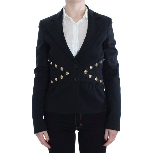 Exte Chic Black Stretch Blazer with Gold Button Detail Blazer Jacket black-cotton-stretch-gold-studded-blazer-jacket