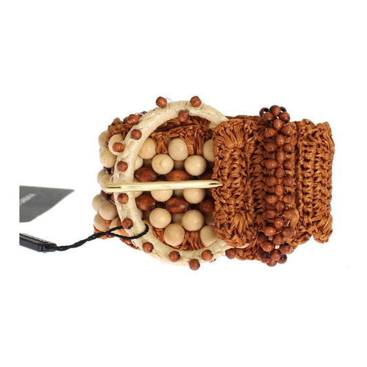 Dolce & Gabbana Elegant Beaded Raffia Waist Belt Belt brown-raffia-wood-beaded-wide-waist-belt