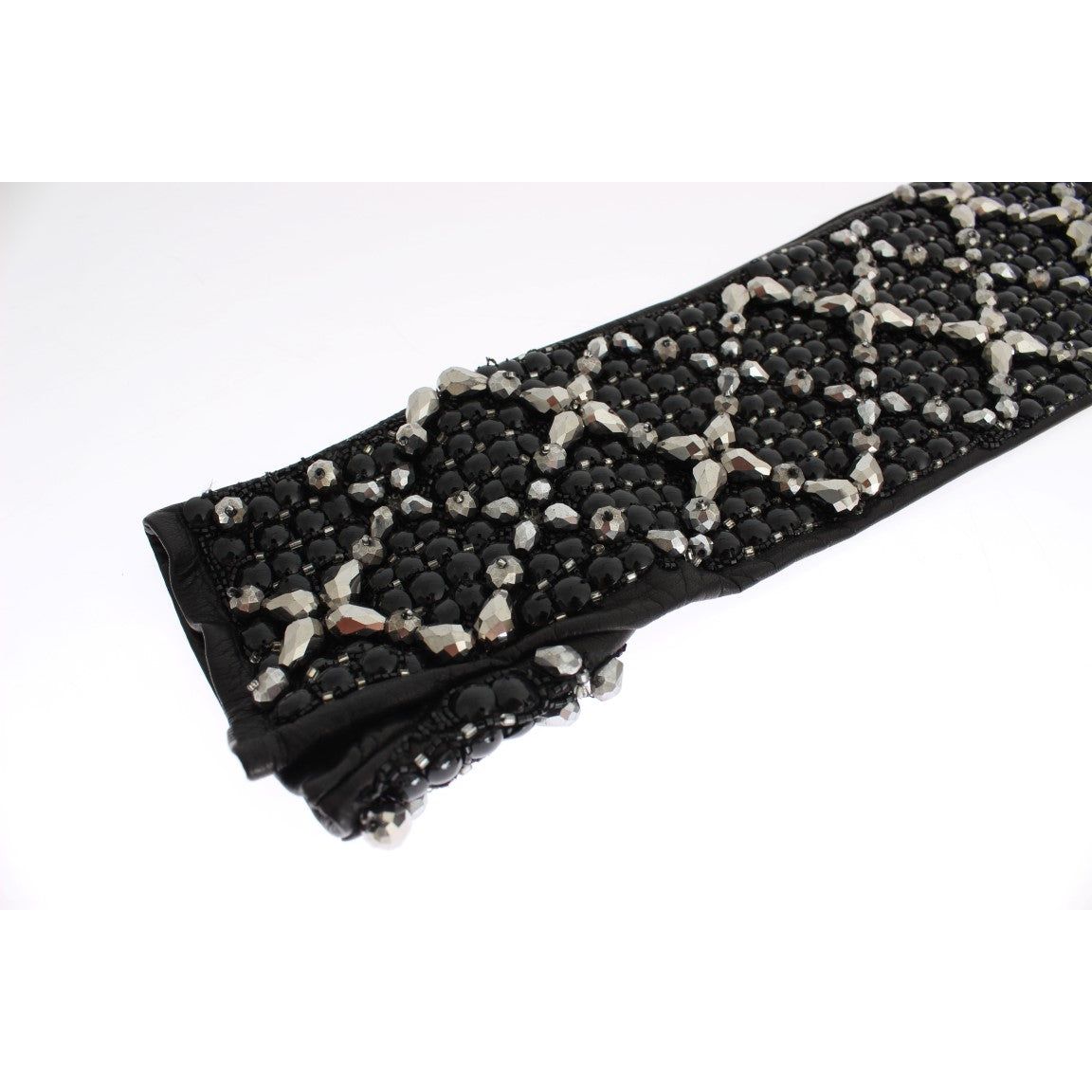 Dolce & Gabbana Elegant Black Crystal Beaded Leather Gloves black-leather-crystal-beaded-finger-free-gloves