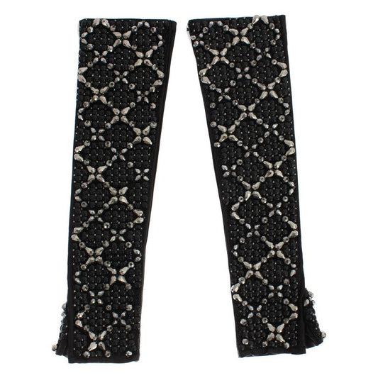 Dolce & Gabbana Elegant Black Crystal Beaded Leather Gloves black-leather-crystal-beaded-finger-free-gloves