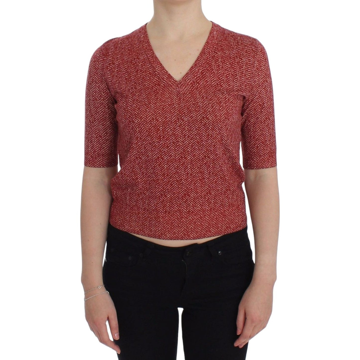 Dolce & Gabbana Enchanting Red Tweed V-Neck Sweater red-wool-tweed-short-sleeve-sweater-pullover