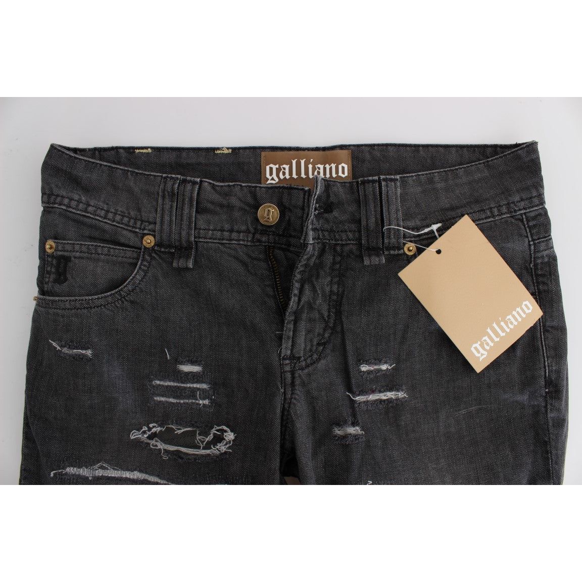 John Galliano Chic Gray Wash Straight Fit Jeans gray-wash-cotton-torn-straight-fit-jeans