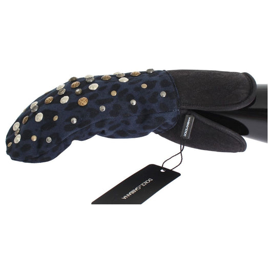 Dolce & Gabbana Chic Gray Wool & Shearling Gloves with Studded Details gray-wool-shearling-studded-blue-leopard-gloves 332652-gray-wool-shearling-studded-blue-leopard-gloves-1.jpg