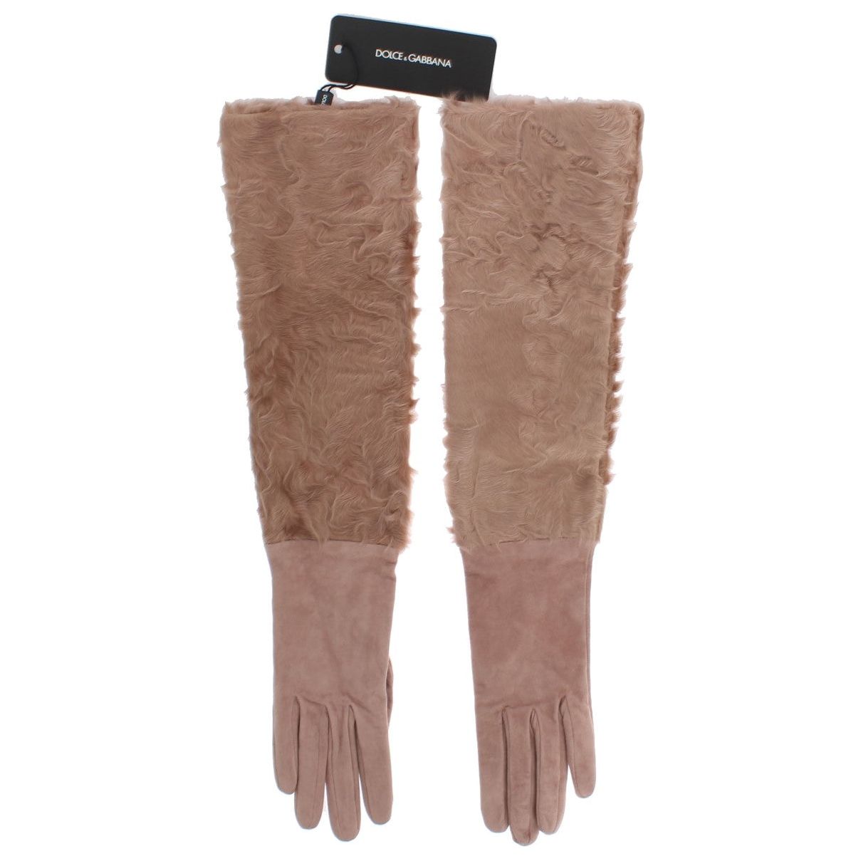 Dolce & Gabbana Elegant Beige Suede Elbow-Length Gloves beige-suede-xiangao-fur-elbow-gloves