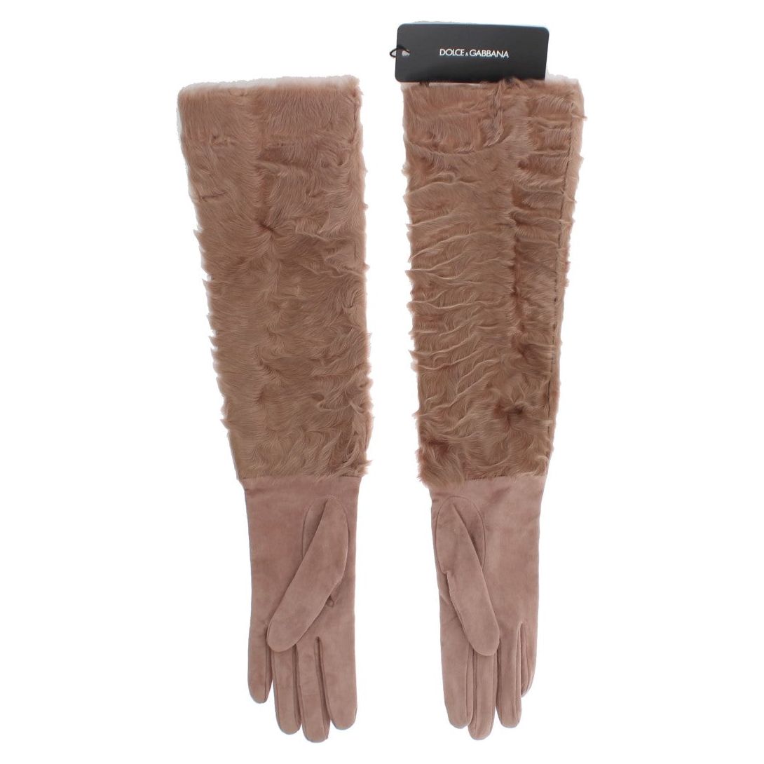 Dolce & Gabbana Elegant Beige Suede Elbow-Length Gloves beige-suede-xiangao-fur-elbow-gloves
