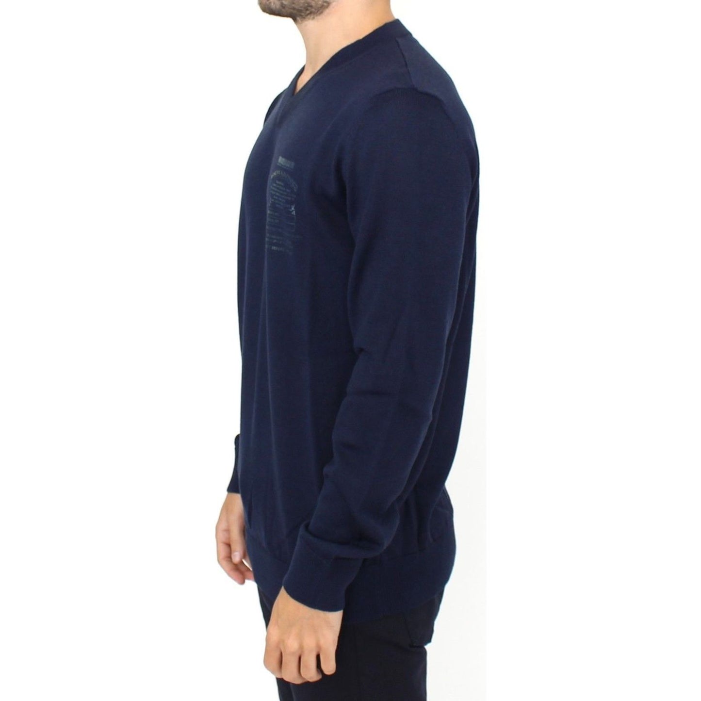 Ermanno Scervino Elegant Blue V-Neck Wool Blend Pullover blue-wool-blend-v-neck-pullover-sweater 37438-blue-wool-blend-v-neck-pullover-sweater-1.jpg